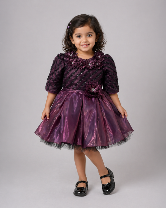 Deep Plum Sequin Stripe Iridescent Taffeta Girls Frock | Mint Kids