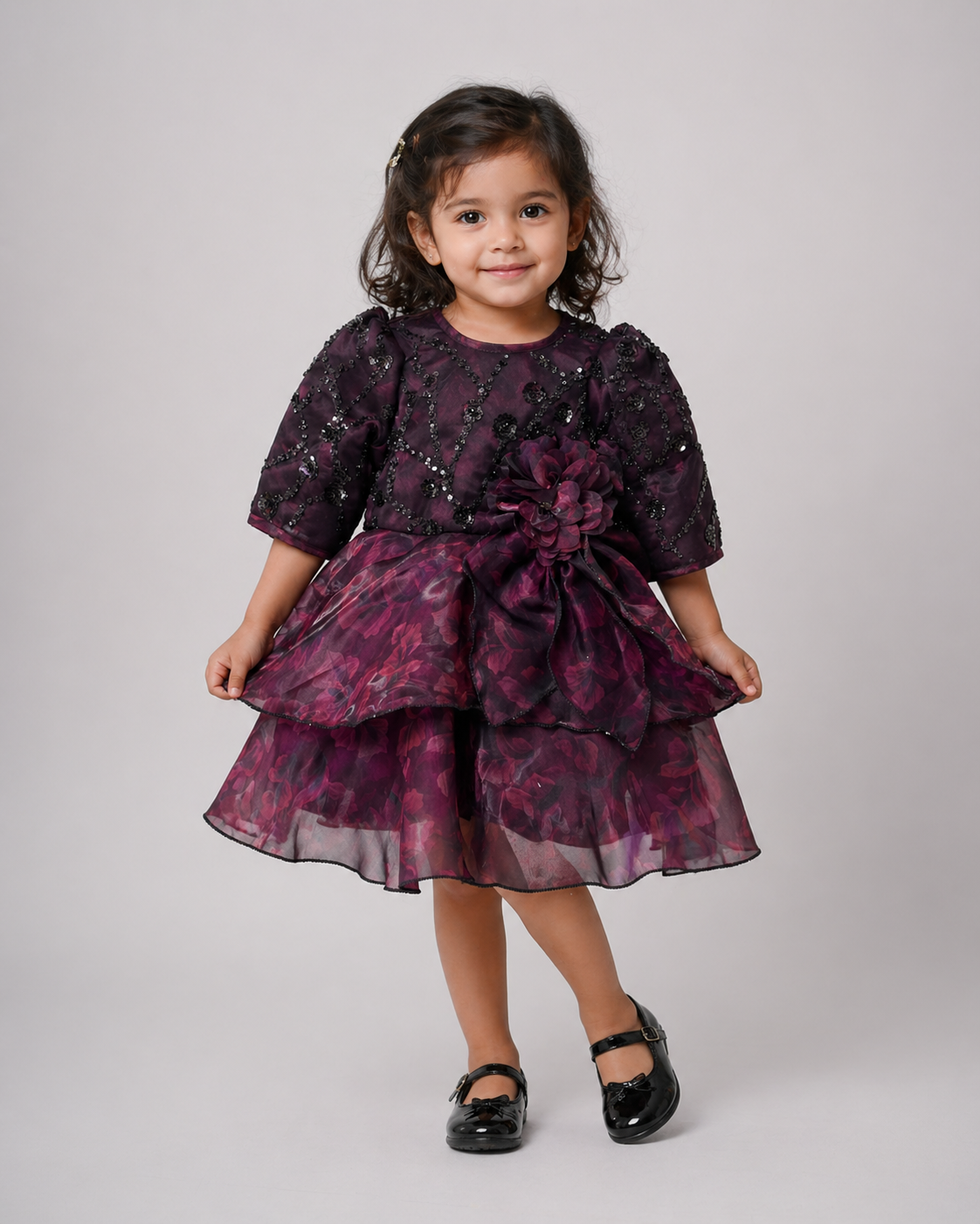 Deep Plum Sequin Floral Tiered Girls Frock | Mint Kids