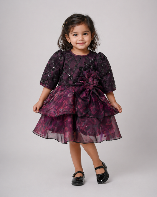 Deep Plum Sequin Floral Tiered Girls Frock | Mint Kids
