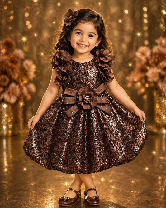 Chocolate Brown Shimmer Sequin Girls Party Frock | 3D Flowers & Rose Belt | Knee Length | 1-6 Years