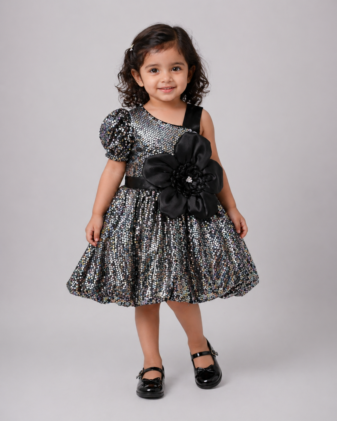Black Silver Sequin One-Shoulder Girls Frock | Mint Kids