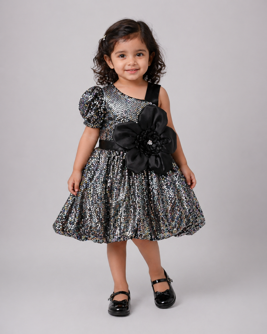 Black Silver Sequin One-Shoulder Girls Frock | Mint Kids