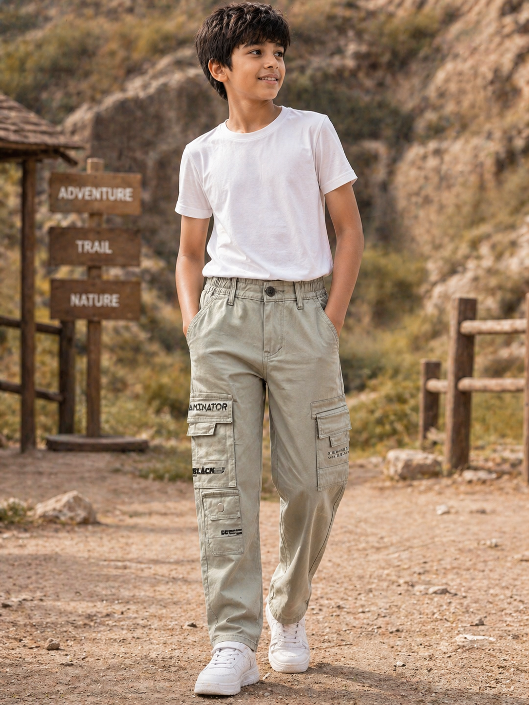 Sage Green Multi-Pocket Cargo Pants for Boys | Mint Kids