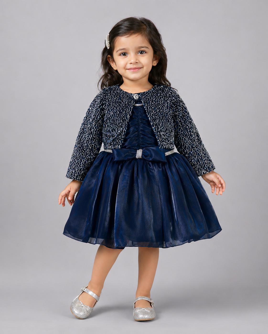 Navy Blue Shimmer Frock with Silver Tweed Jacket | Mint Kids