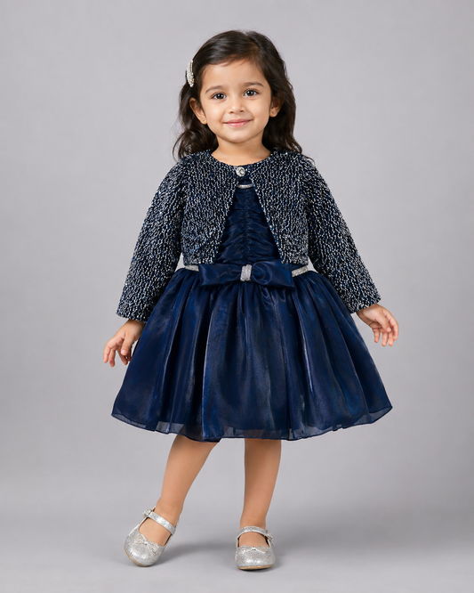 Navy Blue Shimmer Frock with Silver Tweed Jacket | Mint Kids