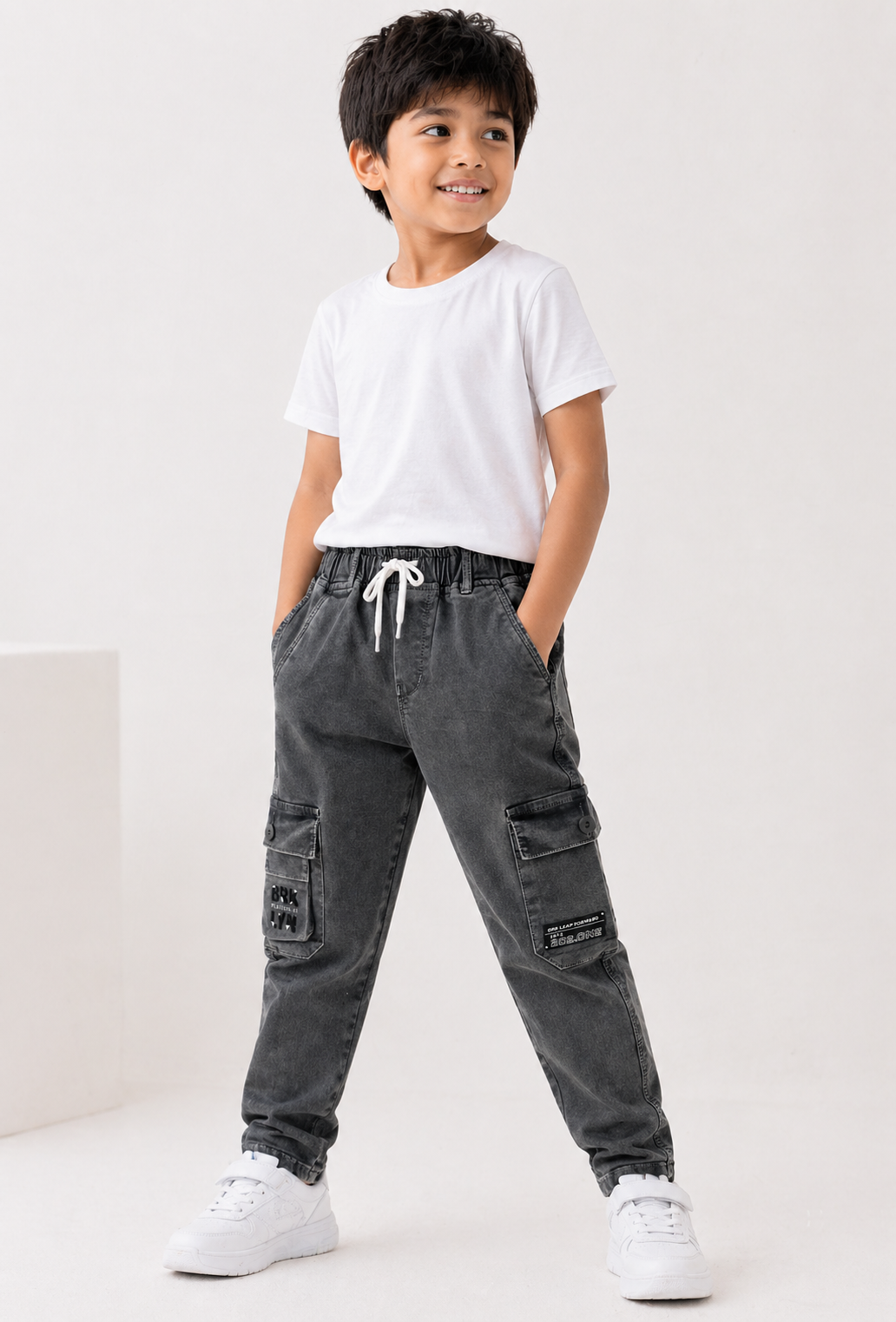 Charcoal Grey Washed Denim Cargo Joggers for Boys | Mint Kids