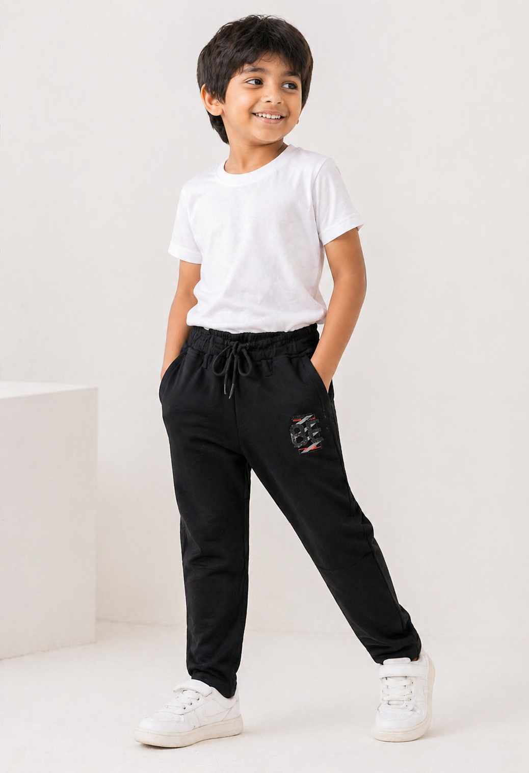 Black Embroidered Patch Jogger Pants for Boys | Mint Kids