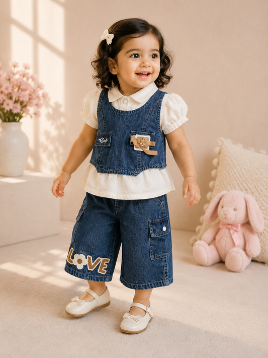 LOVE Denim Cargo Shorts & Vest Co-ord Set with Puff Top