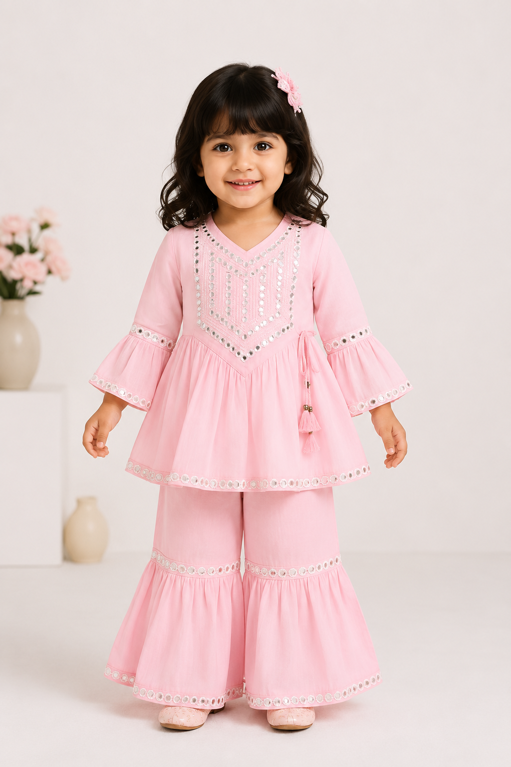 Pink Mirror Work Angrakha Kurta & Sharara Set