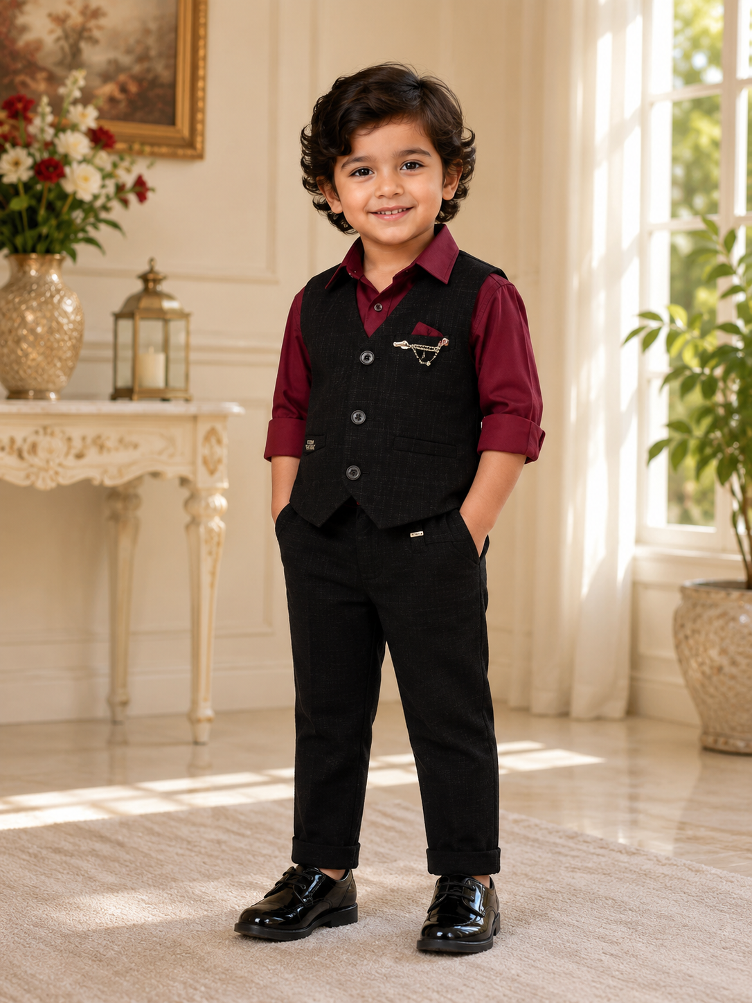 Black & Maroon Waistcoat Party Set for Boys