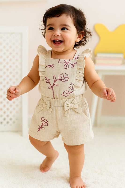 Beige Floral Romper with Ruffle Straps