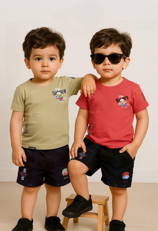 “Smurfs Soccer Twin Co-ord Set – Olive & Red Summer Combo”