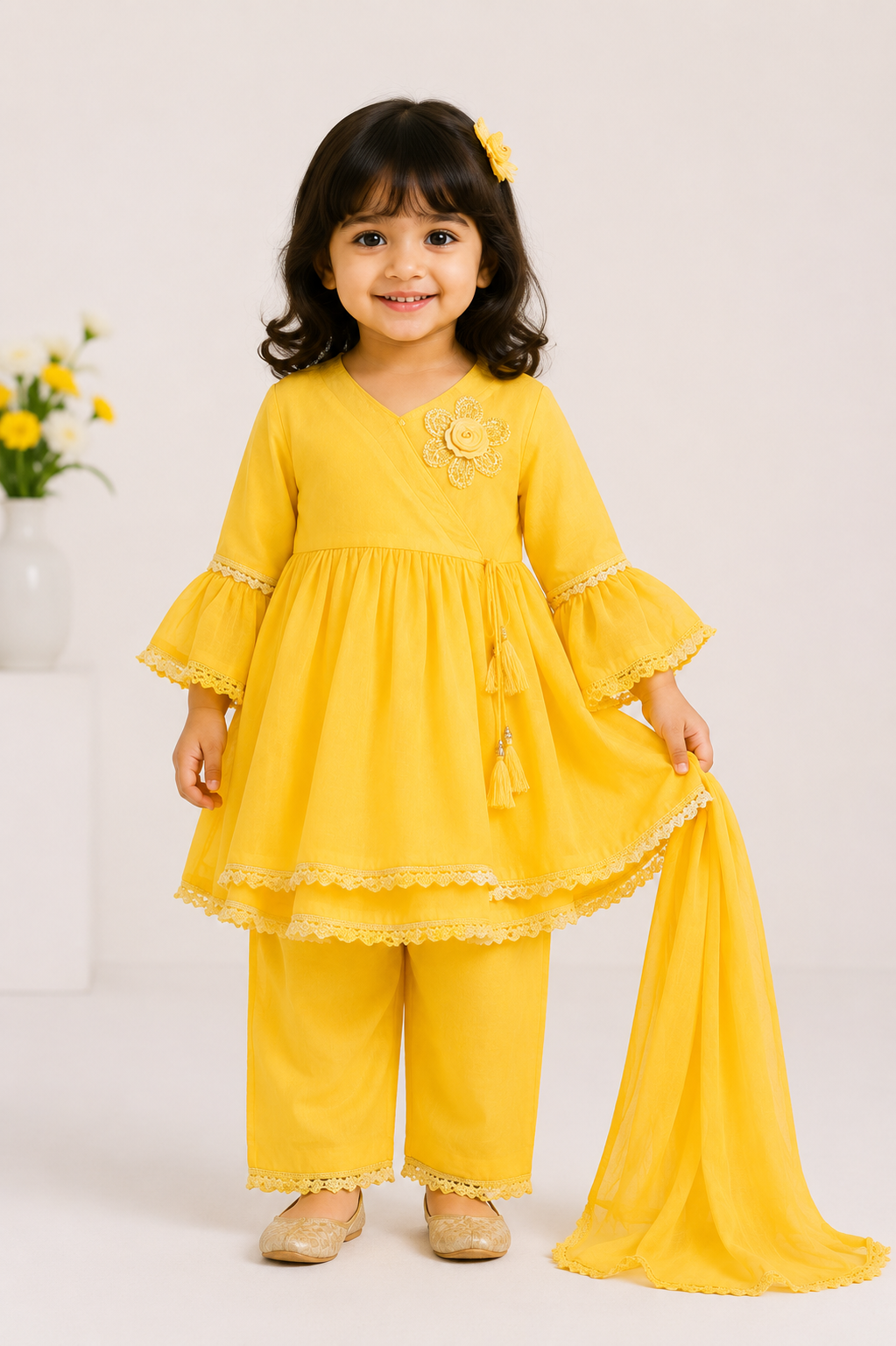 Yellow Floral Embroidered Angrakha Kurta Set with Dupatta