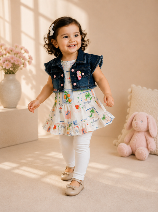 Tropical Scrapbook Tiered Dress & Denim Jacket Set