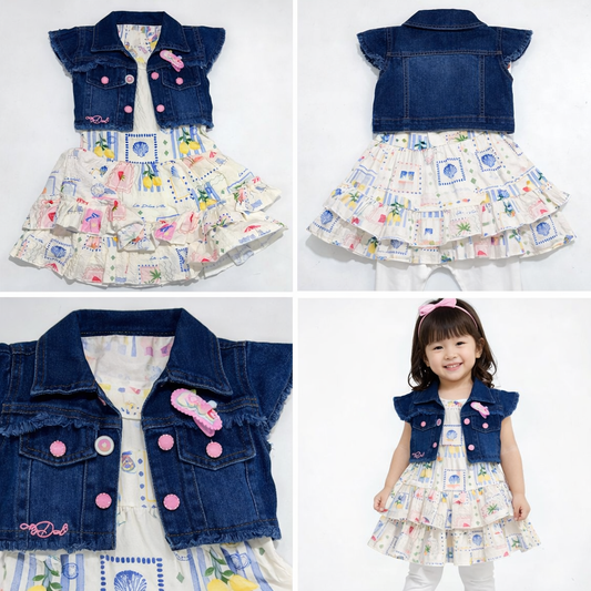 Girls Printed Dress Set with Denim Jacket (1–3 Yrs)