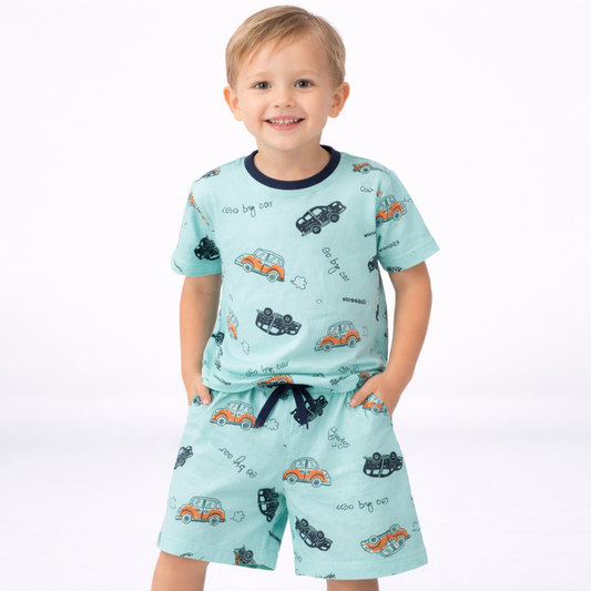 Boys Cotton T-Shirt & Shorts Set (Aqua Car Print Co-Ord Set)