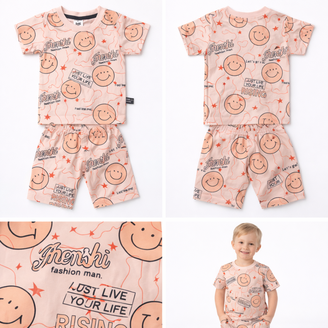 Children's pajama set with smiley face pattern and visible brand on a white background