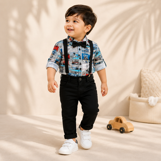 Comic Car Print Suspender Shirt & Pants Set