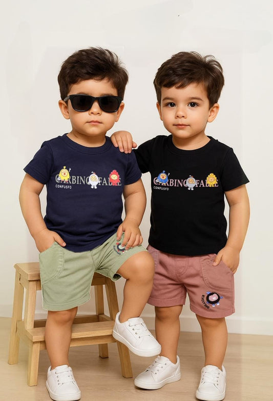 “Cartoon Mood Twin Co-ord Set – Navy & Black Summer Vibes”