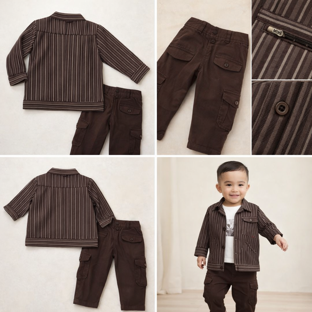 Boys Brown Stripe Shirt Pant Set (1–3Y)