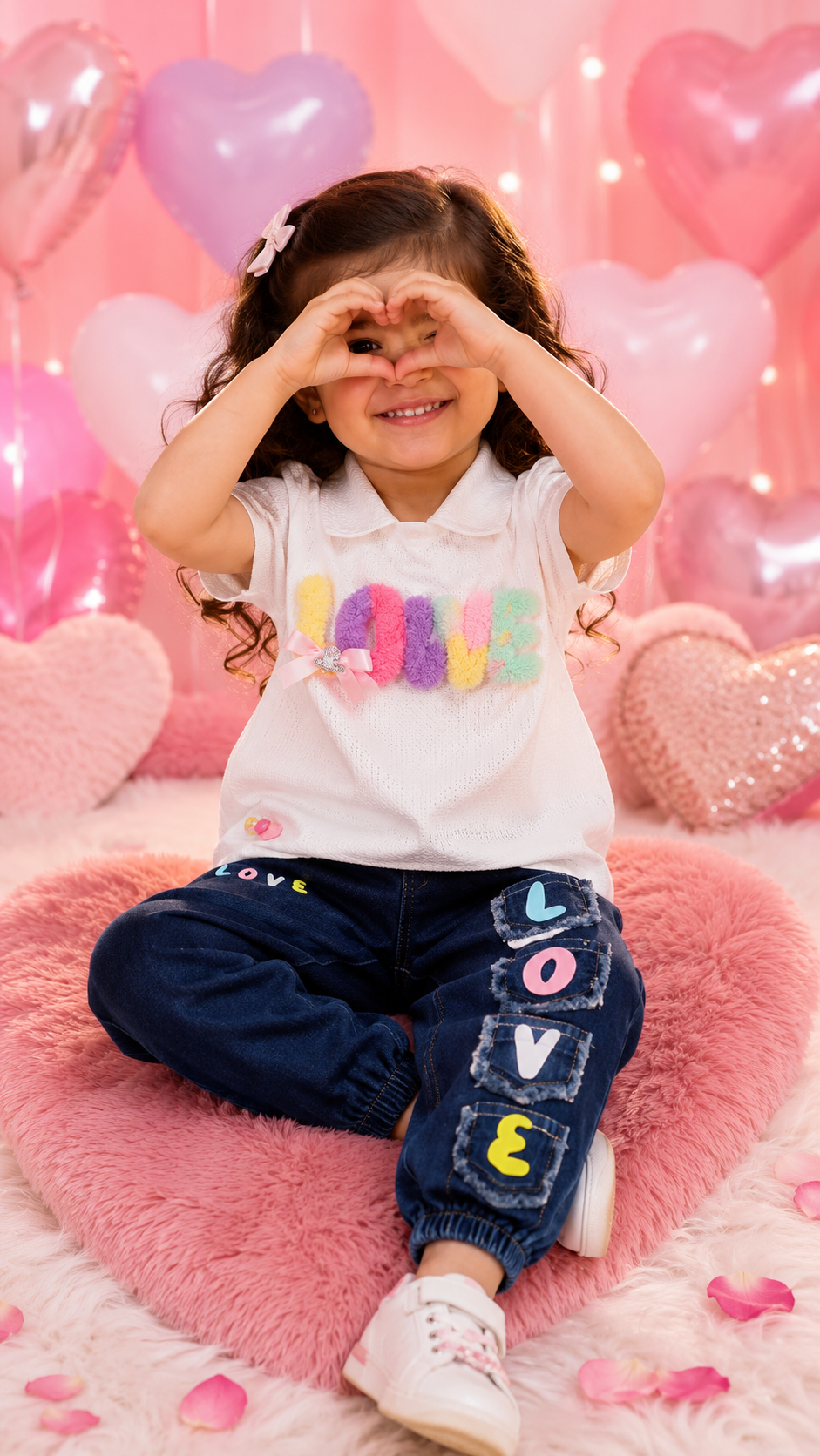 Love Fluffy Letter Tee & Denim Jogger Set