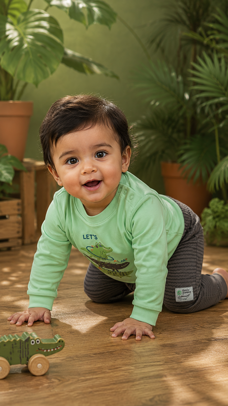 Mint Green Let's Explore Crocodile Print Tee & Grey Stripe Jogger Set