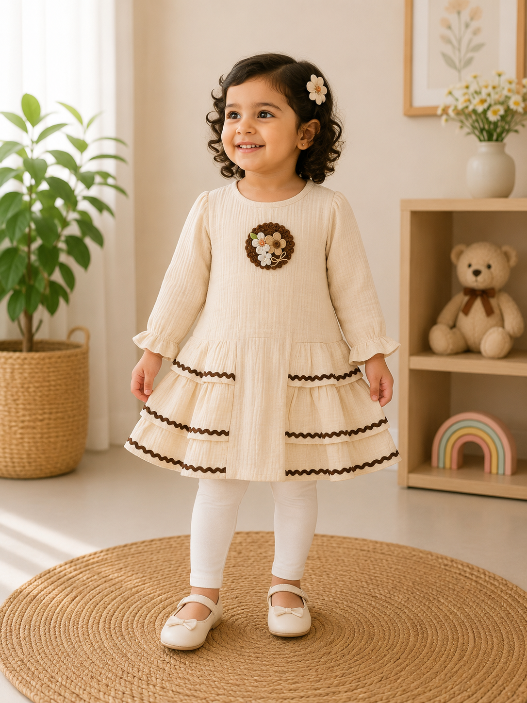 Crochet Brooch Tiered Frock & Leggings Set - Cream & Brown