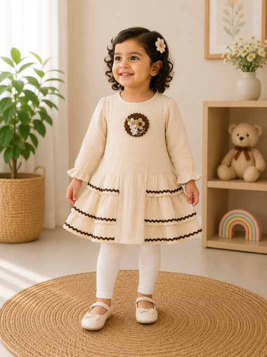 Crochet Brooch Tiered Frock & Leggings Set - Cream & Brown