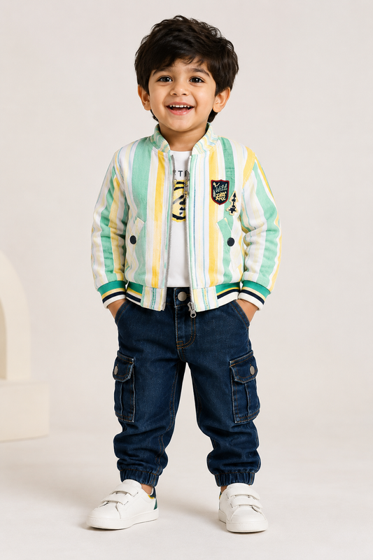 Wild Stripe Bomber Jacket with Denim Cargo Set