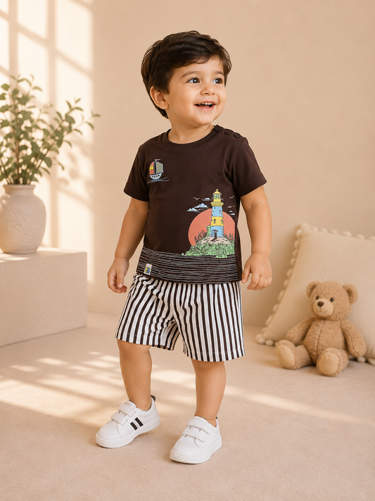 Lighthouse Graphic Tee & Striped Shorts Set