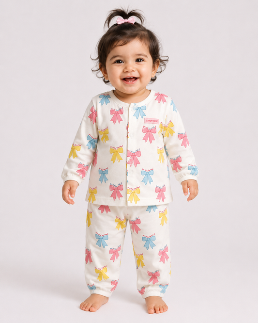 Bow Print Full Sleeve Nightwear Set