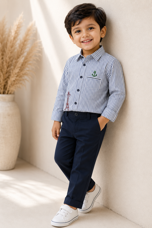 White & Navy Fine Stripe Anchor & Eiffel Tower Boys Full Sleeve Shirt & Navy Pants Set | 1-3 Years