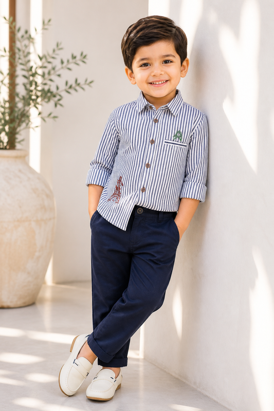 White & Navy Stripe Eiffel Tower Embroidery Boys Full Sleeve Shirt & Navy Pants Set | 1-3 Years