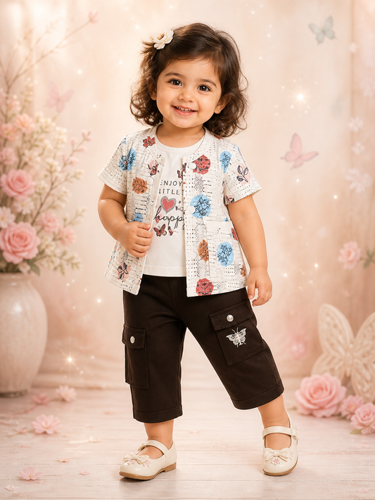 Floral Print Shrug & Butterfly Capri Set for Girls | 3-Piece Outfit | 1-3 Years