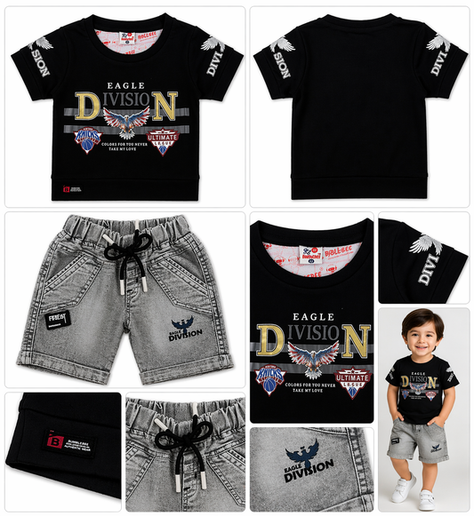 Boys Black Printed T-Shirt & Grey Shorts Set