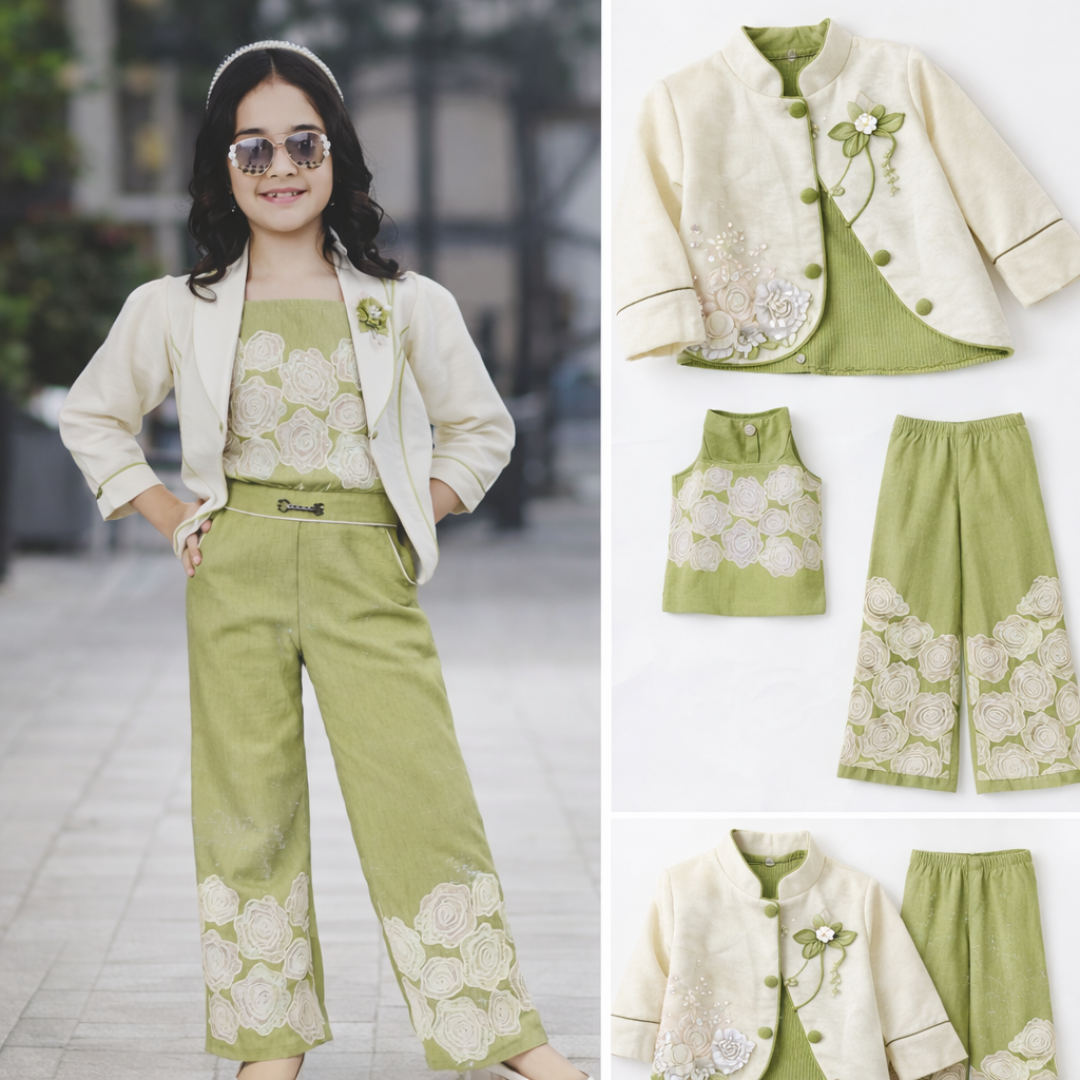Girls Olive Green Floral Top with Pant & Jacket Set