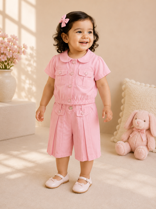 Pink Peter Pan Collar Shirt & Pleated Shorts Co-ord Set