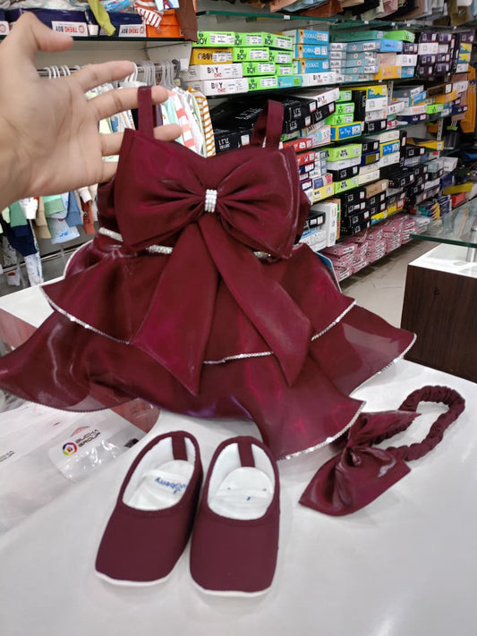 Maroon Partywear Baby Frock with Big Bow 🎀