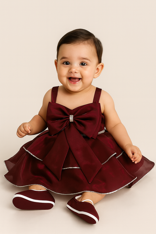 Maroon Partywear Baby Frock with Big Bow 🎀