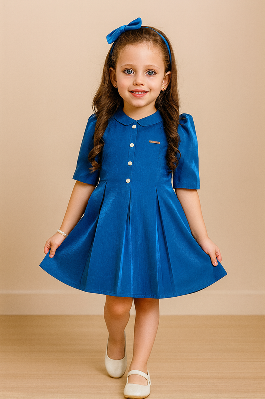 Royal Blue Pleated Dress with Button Detail