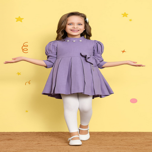 Royal Lilac Princess Dress – Pleated Flair with Pearl Buttons