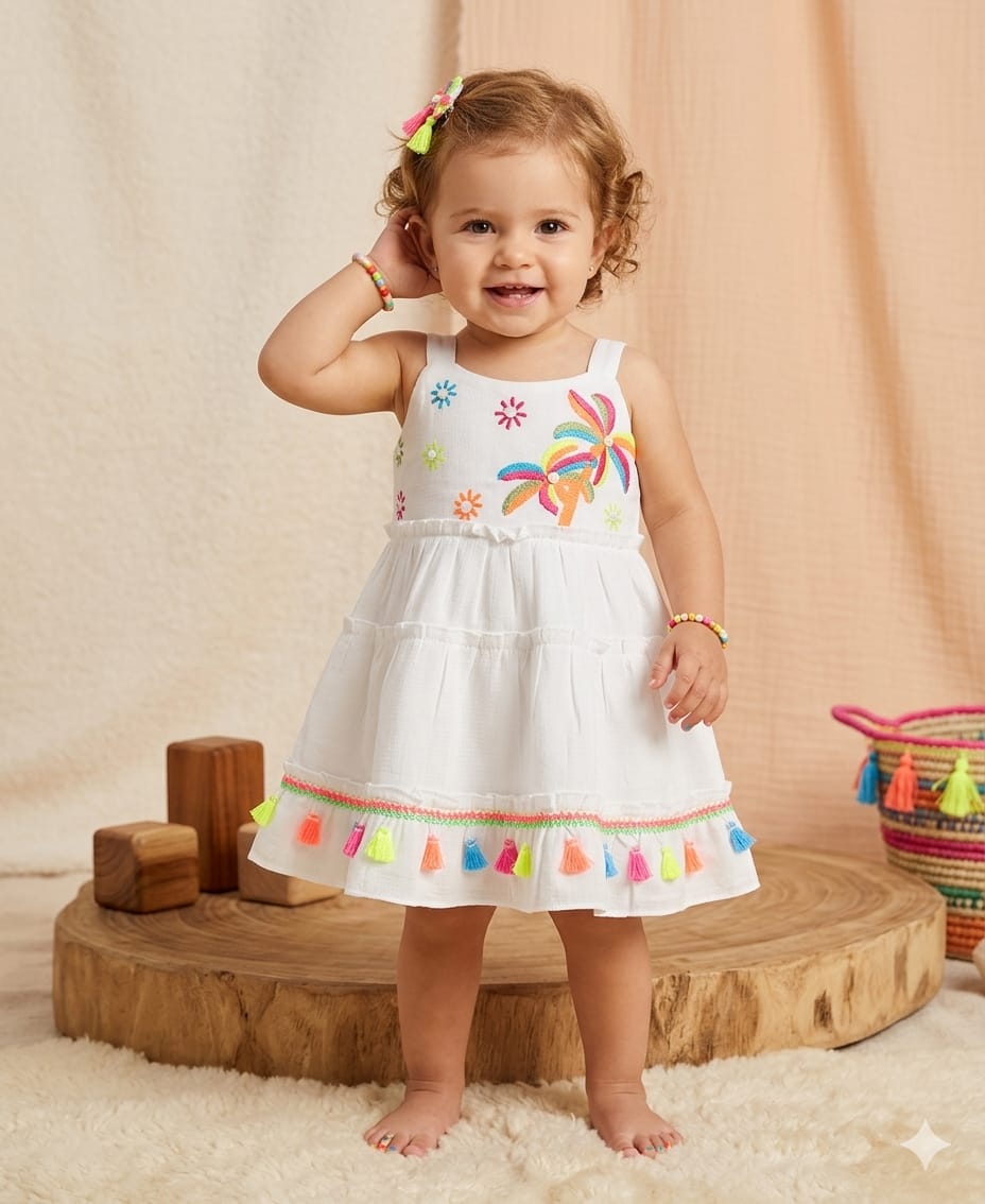 Tropical Neon Tassel White Tiered Dress for Girls