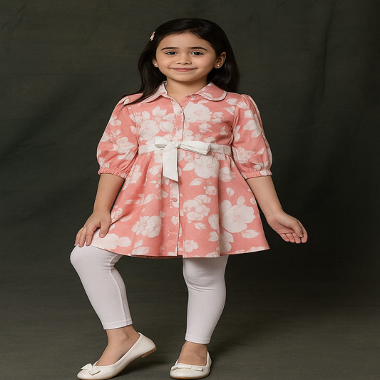Floral Charm Dress – Buttoned Frock with Waist Bow