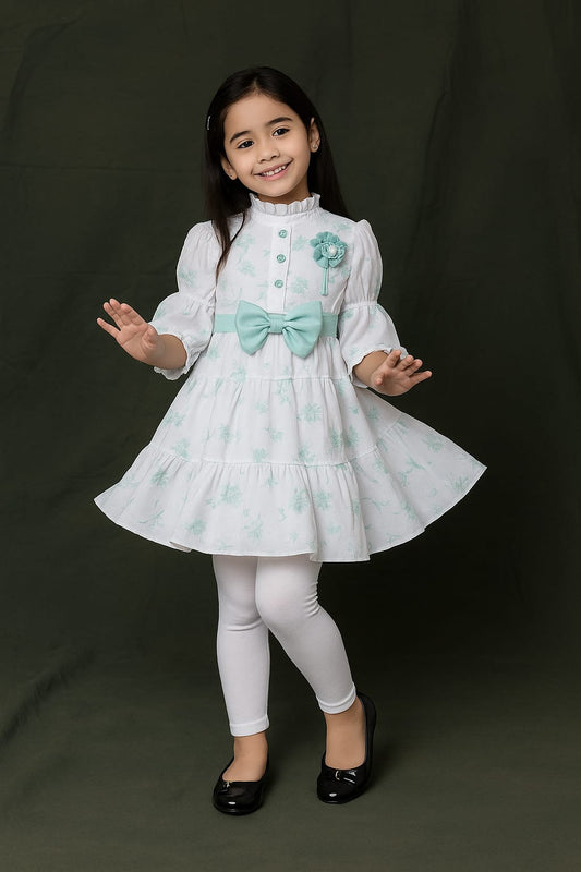 Mint Floral Princess Frock with Leggings – Party Wear for Girls