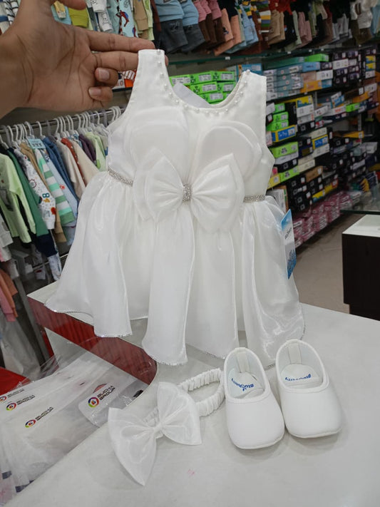 White Pearl Bow Party Frock for Girls (1–4 Years)