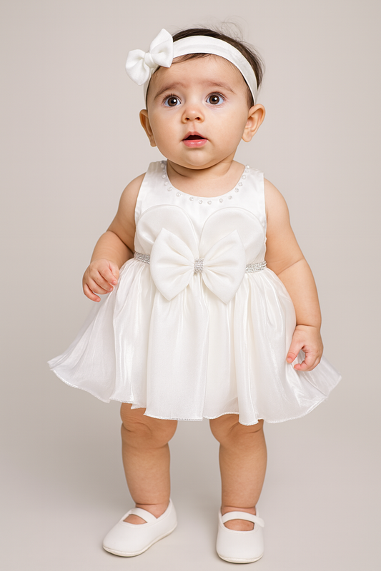 White Pearl Bow Party Frock for Girls (1–4 Years)