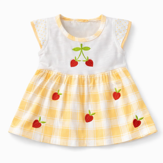 Children's dress with yellow plaid skirt and white top featuring red apple designs on a white background