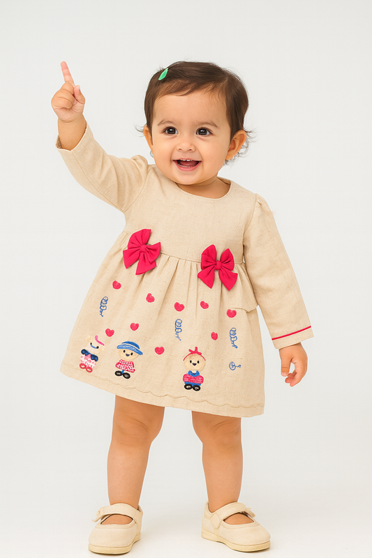 Beige Doll Embroidered Frock with Red Bow Accents (1–3 Years)