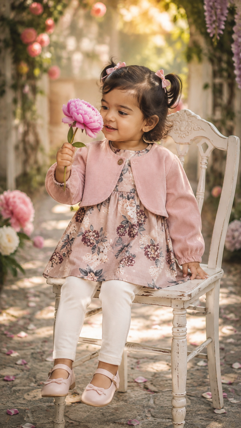 Dusty Rose Floral Print Dress & Pink Cropped Cardigan Set