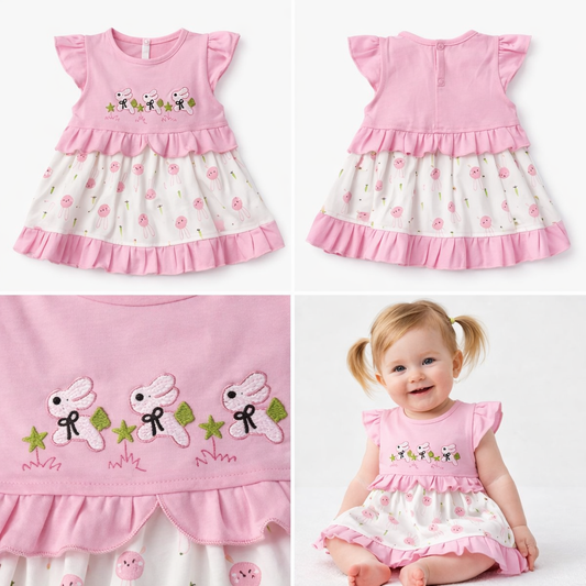 Baby Girls Pink Cotton Frock with Bunny Embroidery (Printed Design)